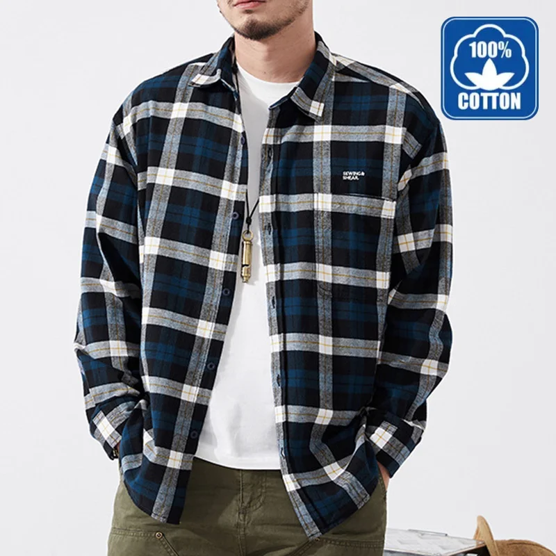 

Рубашка мужская хлопковая в клетку, Классическая Повседневная сорочка с отложным воротником и карманами, дизайнерская удобная одежда в Корейском стиле с длинными рукавами