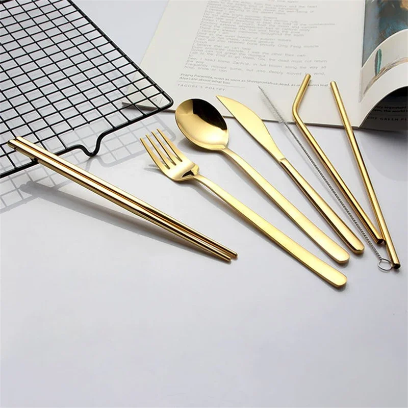7PCS/Set Cutlery Spoon Fork Chopsticks Juice Straw Lunch Tableware With Bag Brush Stainless Steel Dinnerware Kitchen Accessories picnic cutlery set western style cutlery set picnic tableware camping cutlery set stainless steel cutlery set cutlery set wooden cutlery set ceramic dinnerware set