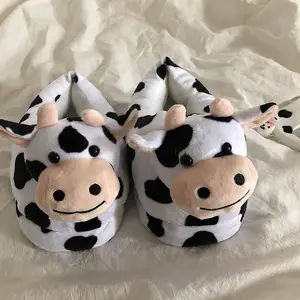 Korean cartoon plush milk cow cotton slippers cute female winter warmth indoor flat furry shoes ins style home anti-skid