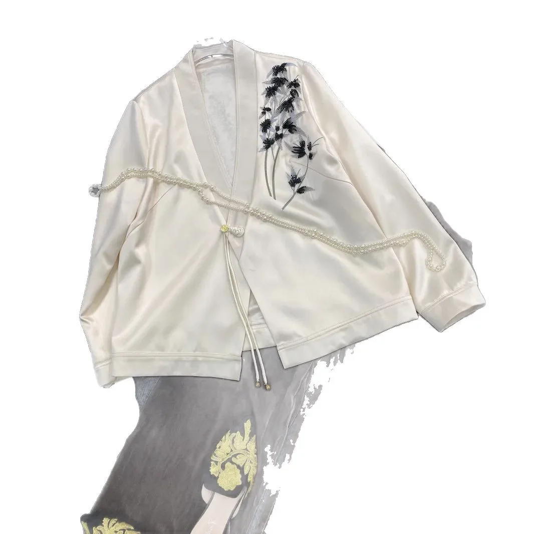 Elegant Two-Tone Acetate Embroidered Jacket V-Neck New Chinese Style Top Vintage Noble Atmosphere Spring Outerwear
