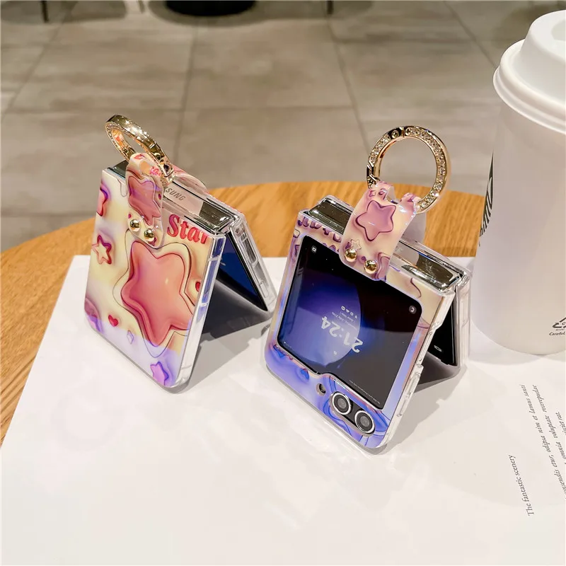 Ring Blu-ray Phone Case For Samsung Galaxy Z Flip 5 4 3 5G PC Star Protective Flip5 Flip4 Cover
