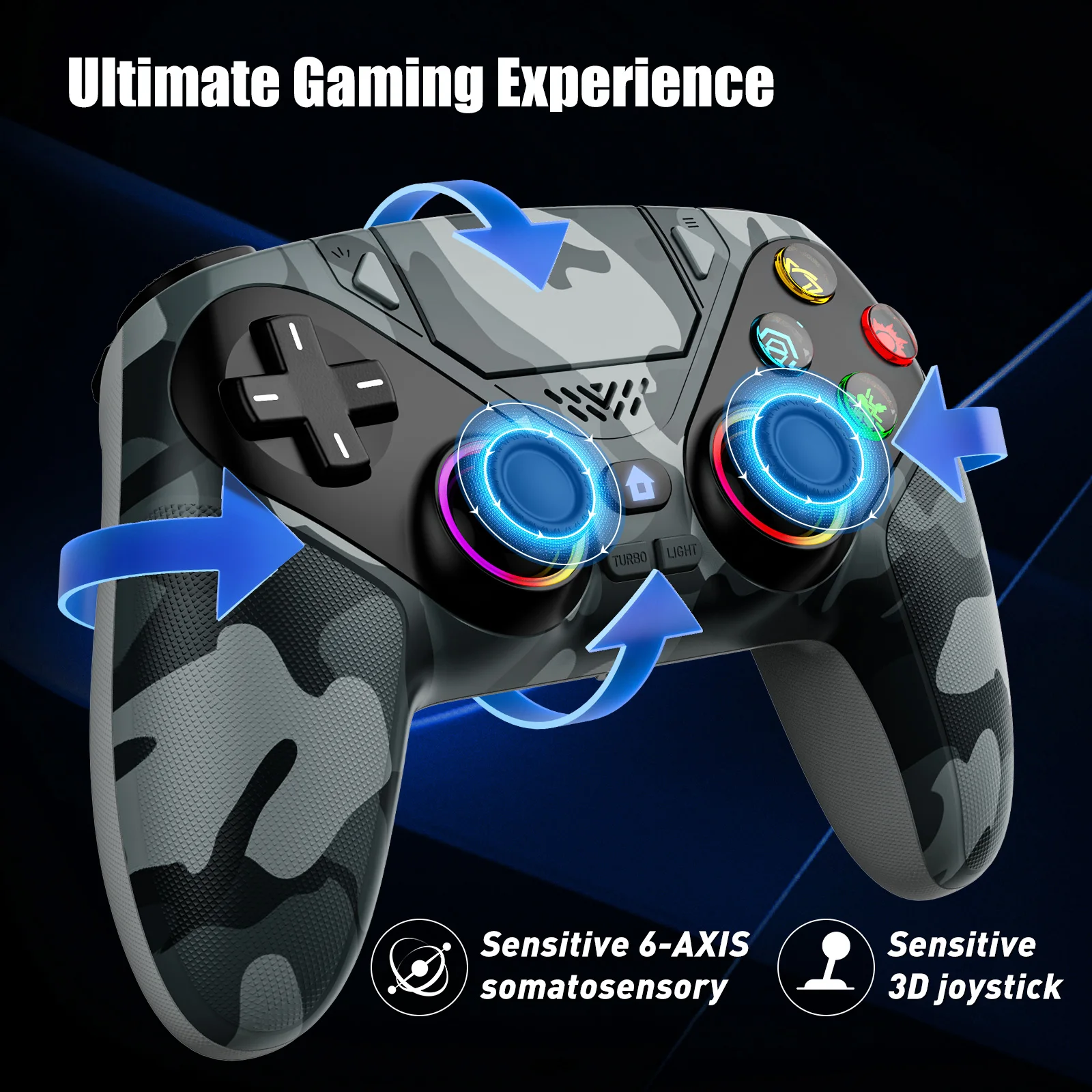 รูปสินค้า จอยเกมไร้สาย RGB สำหรับ PS5 พร้อมฟังก์ชัน Turbo และ Marco