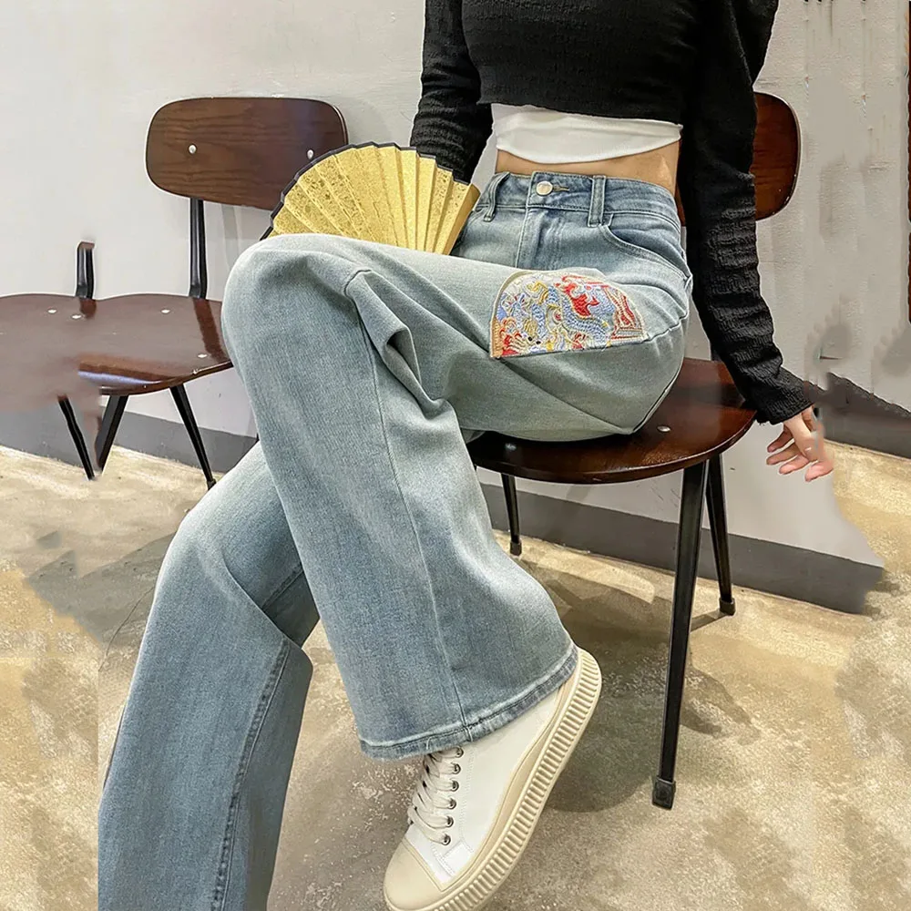 High Waist Retro National Style Embroidered Wide-leg Jeans Female Summer Loose Slim Narrow Straight Casual Mop Pants Female.
