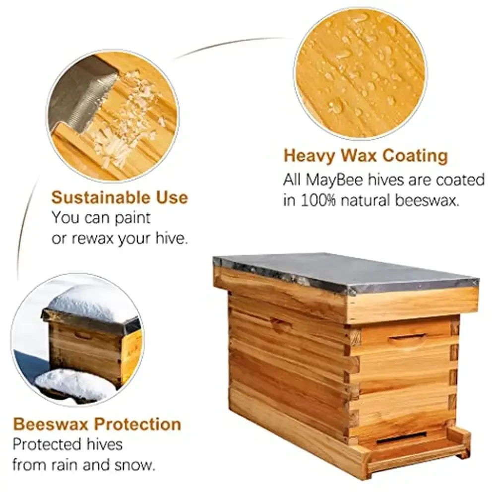 5-Frame Complete Bee Hive Kit with Dovetail Joints & Vented Boards Metal Roof Wooden Frames & Wax Foundations Langstroth Hive