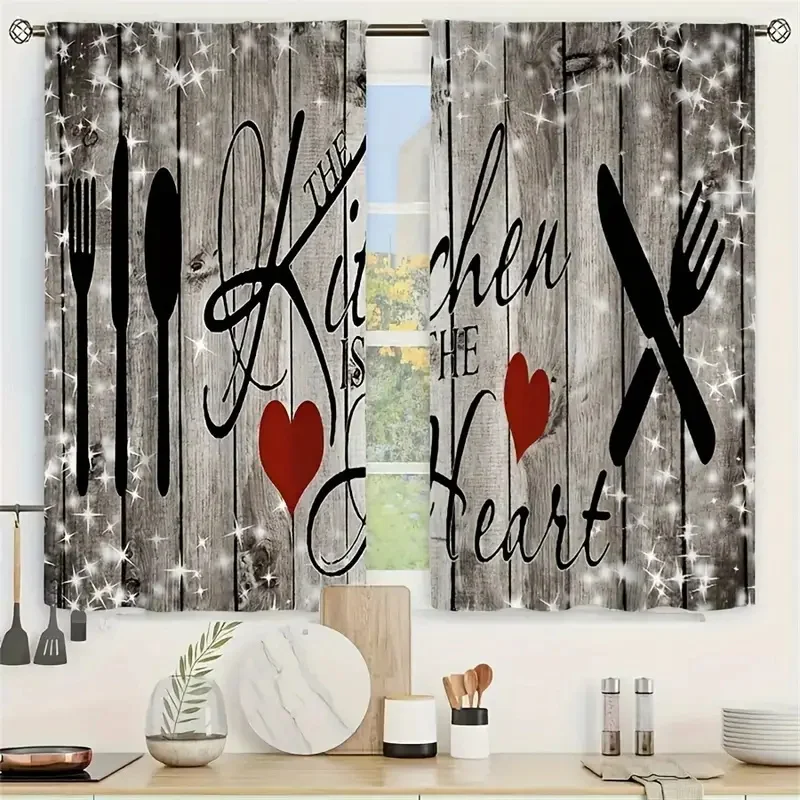 Minimalist Kitchen Curtains with Knife & Fork Text Design – Easy Install Window Decor 1