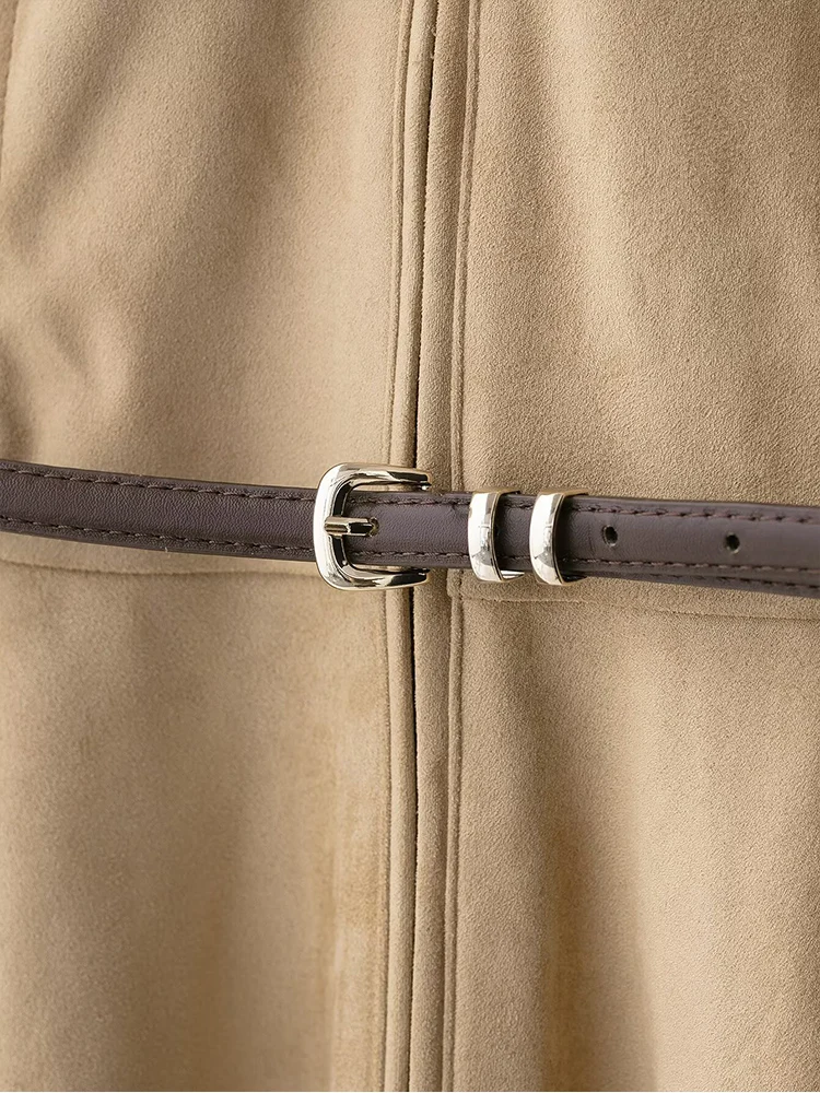 2025 Autumn New Women's Commuting Style Short Jacket Fashion Round Collar Long Sleeve Belt Decoration Suede Zipper Jacket Coat