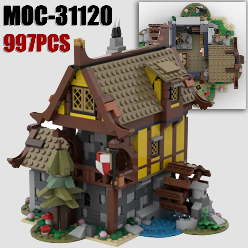 

MOC Medieval Castle Water Mill Building Blocks Kit Town Scene Street View Middle Age House Cabin Cottage Bricks Toys Boys