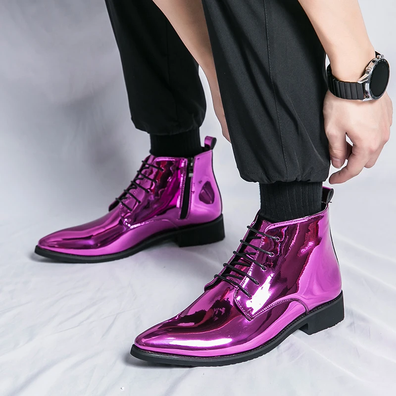 Luxury Chelsea Boots Men's Shiny Leather Shoes Pointed High Top Shoes Men's Banquet Dress Shoes High-end Purple Red Short Boots