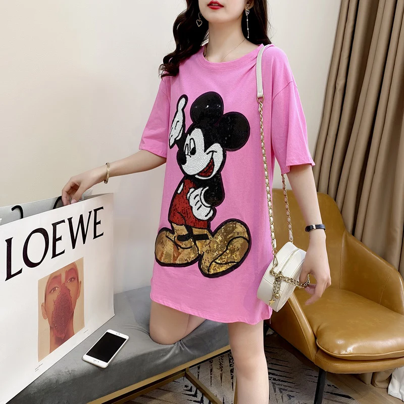 Brand Clothing New Arrival Top Fashion Pullovers Casual Cotton Cartoon Mickey cartoon  Beading Print Tshirt Dresses