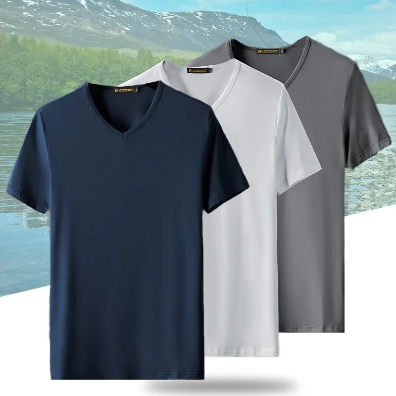 (M-5XL)Quick Dry Camping Hiking Fishing T Shirt Men Short Sleeve Sport Tees Shirt Round V-Neck Gym Workout Fitness Tops