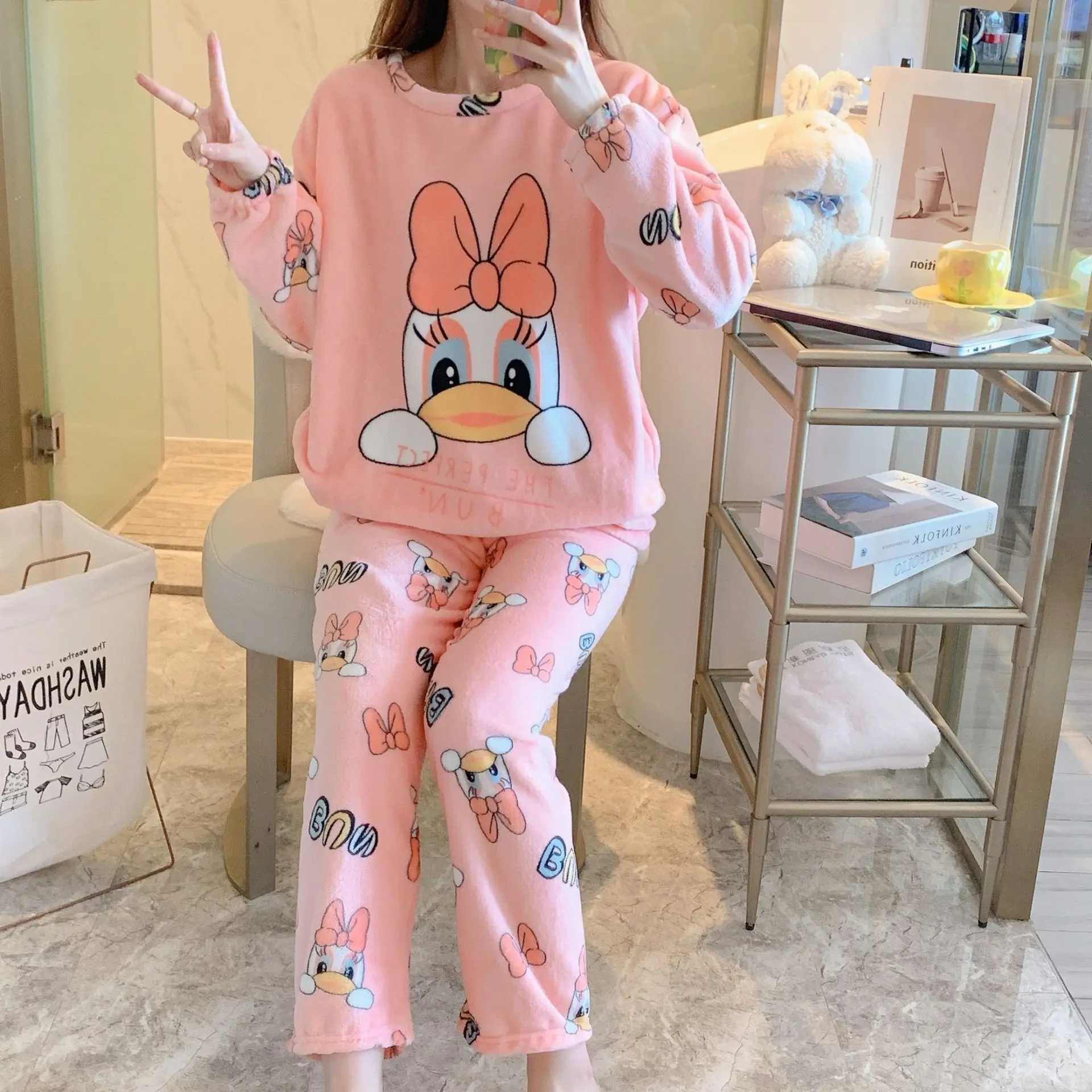 Pajamas Mickey Minnie Duck Winter Flannel Pajamas Disney Women's Long-sleeved Thick Coral Fleece Cute Cartoon Home Clothes