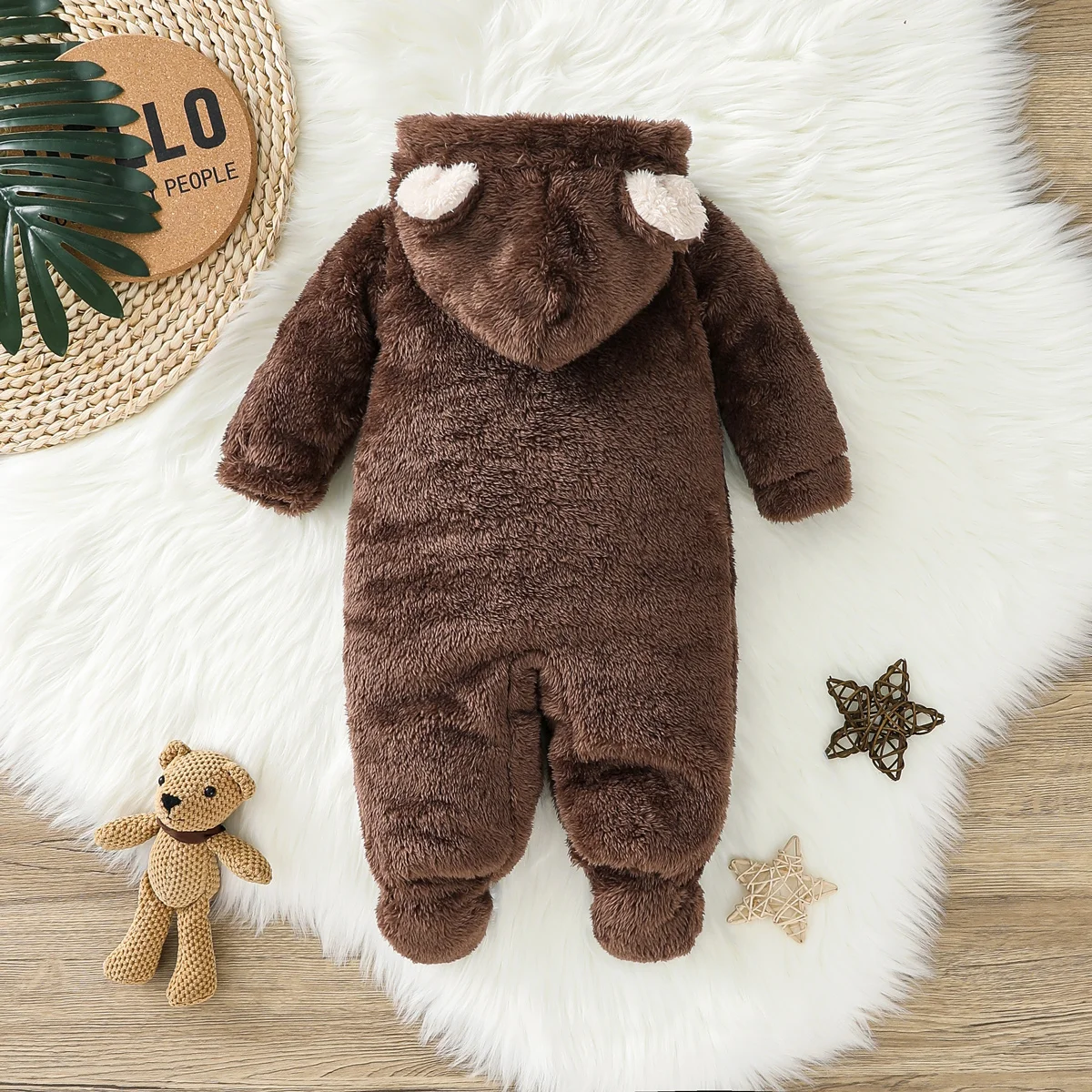 Baby Boy Bear Pattern Hooded Fluffy Fleece Jumpsuit 2