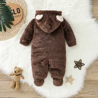 Baby Boy Bear Pattern Hooded Fluffy Fleece Jumpsuit 2