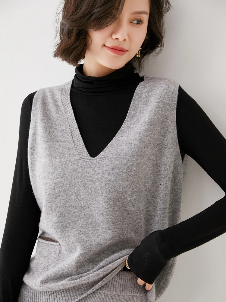 

Autumn Winter V-neck Waistcoat For Women 100% Merino Wool Sleeveless Casual Cashmere Sweater Female Clothes Korean Fashian Tops