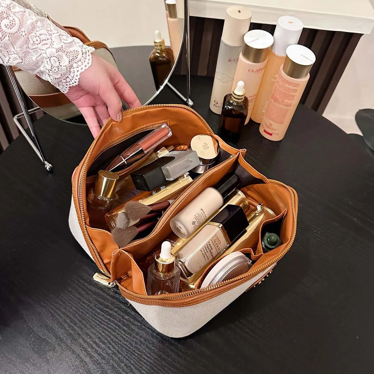 Makeup bag - Retro light luxury minimalist canvas handbag for storage large capacity high-end feel skincare and toiletries bag 5