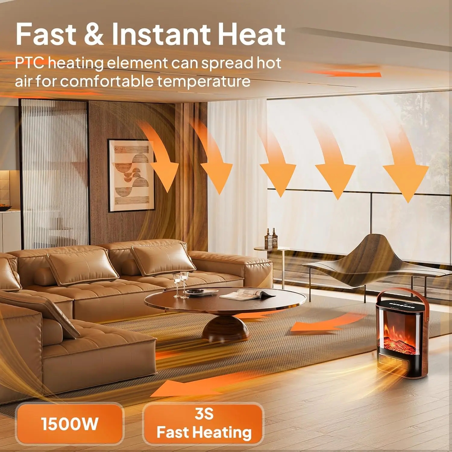Electric Fireplace Heater for Indoor Use w/Remote & Timer, 1500W Portable Fake Fireplace with 7 Flame Color 3