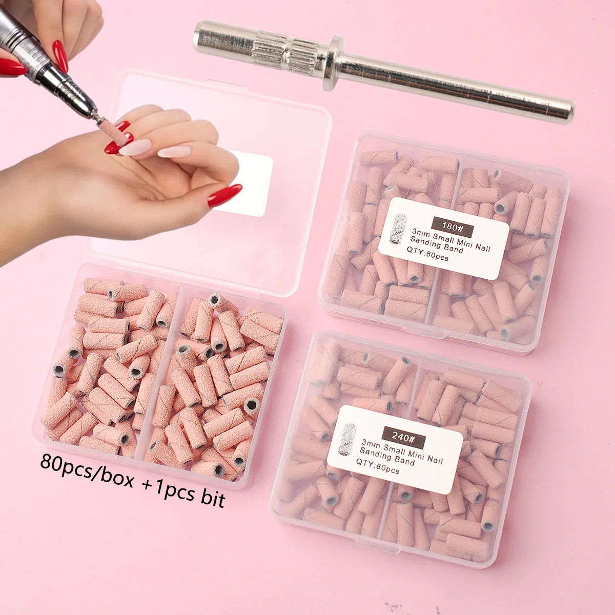 80pcs/box Pink 3.1mm Mini Sanding Bands Kits Nail Drill Bits Mandrel Sets Electric Manicure Accessories Tool Dead Skin Remover 2