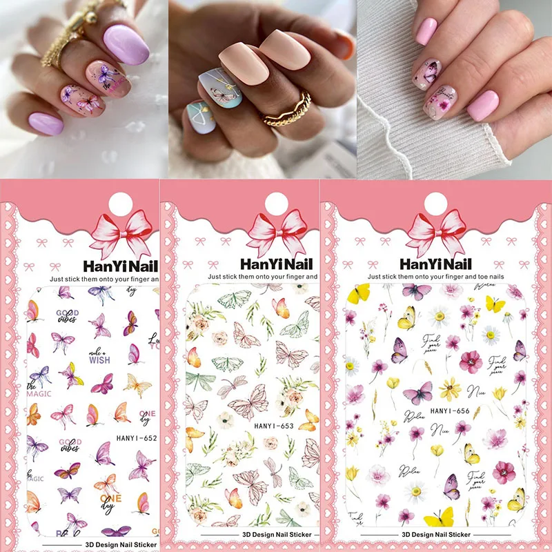 

3D butterfly stickers press on nails polish accesories DIY manicure summer flowers leaf fruit birds design sliders foil decals