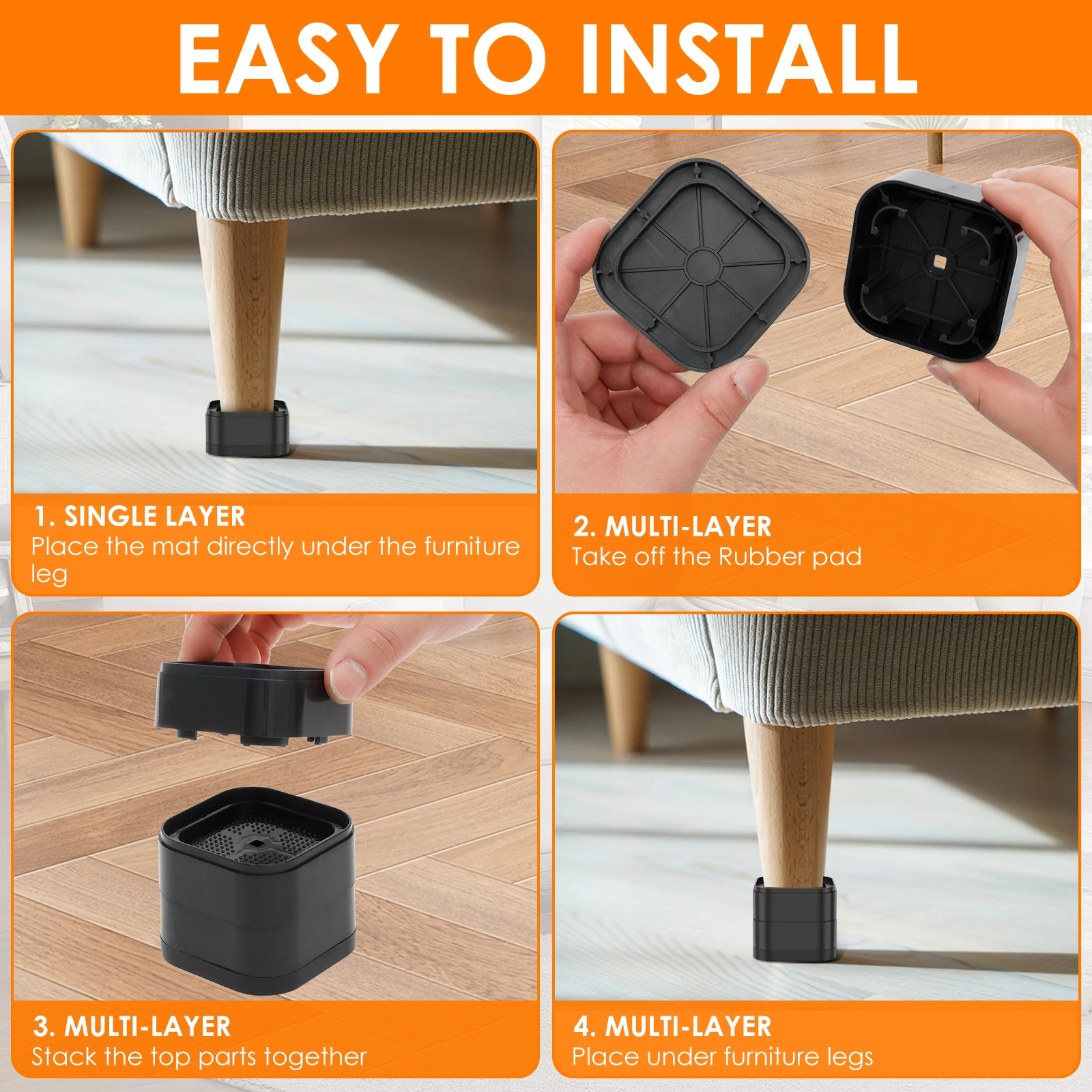 Heavy Duty Adjustable Furniture Risers - Nonslip, Stackable Lifter Set of 4