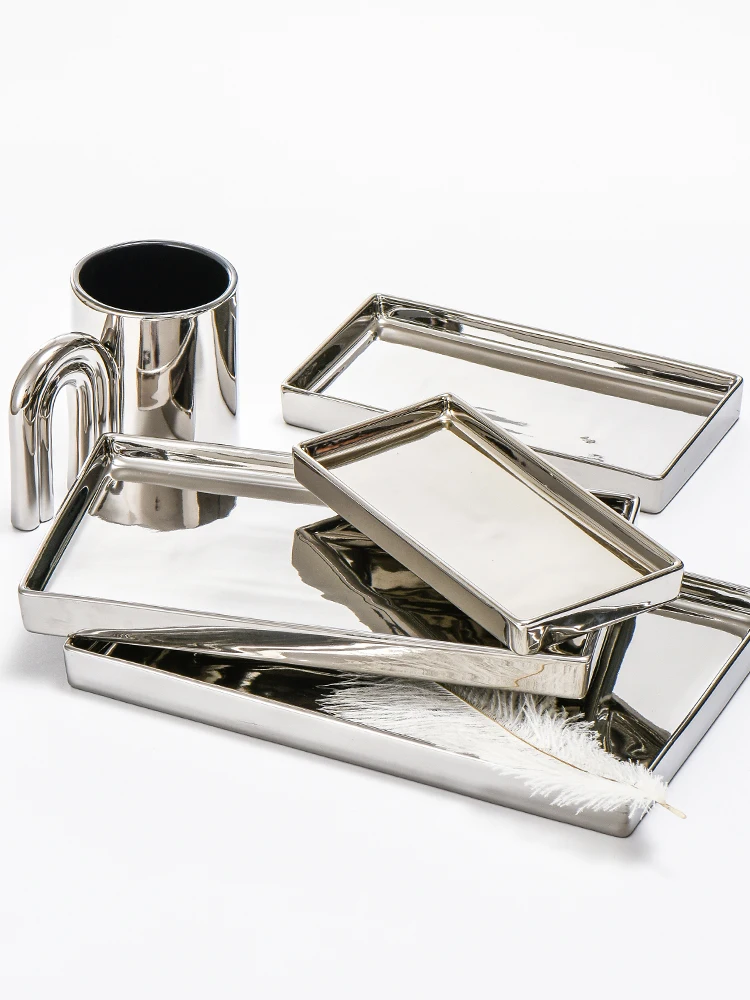 

Nordic Home Accessories Desktop Organizer Silver Plated Dessert Plate Ceramic Jewelry Tray Storage Dish Trinket Ring Holder