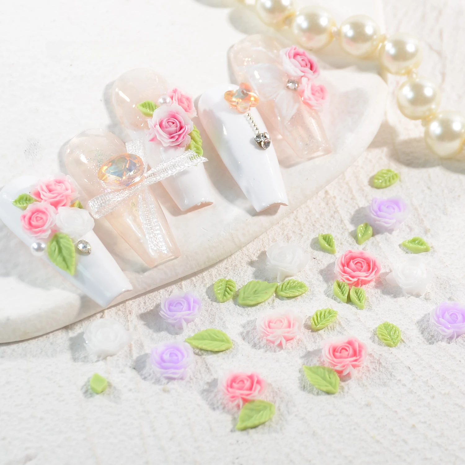 

90pcs Gradient Rose Resin for Nail Art Decorations Assorted 8mm Resin Rose and Camellia Nail Art Decorations with Leaves