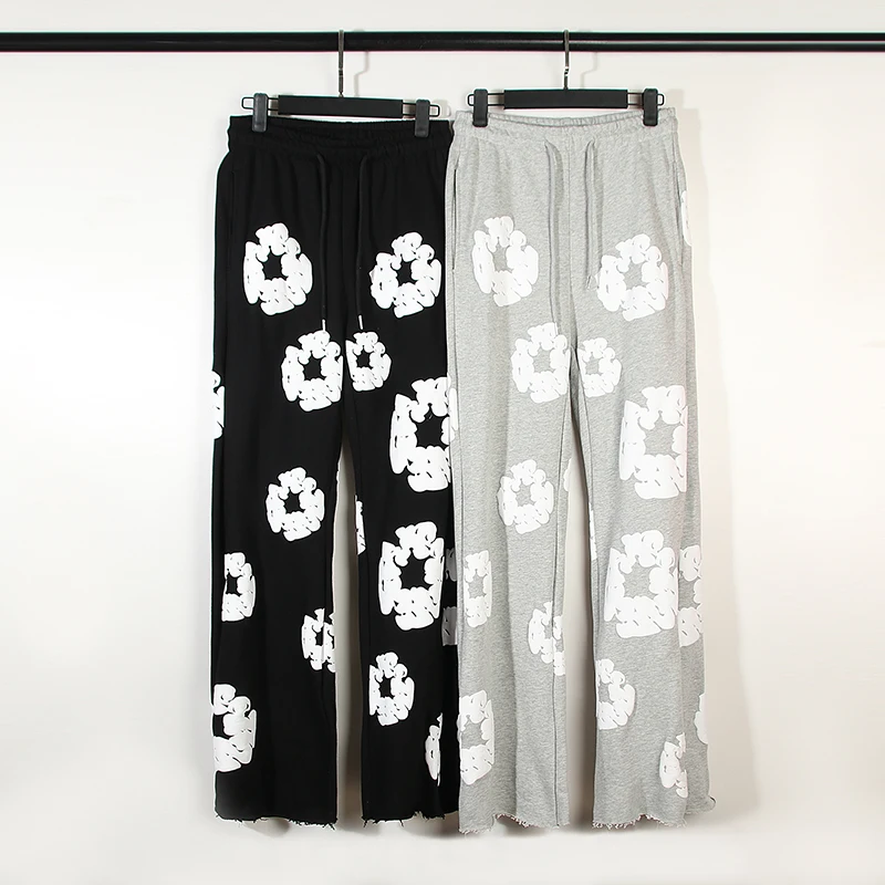 High Street Terry Cloth Tear Kanye Kapok Pants Men Women Foam Print Loose Casual Sweatpants  Micro Bell-bottoms