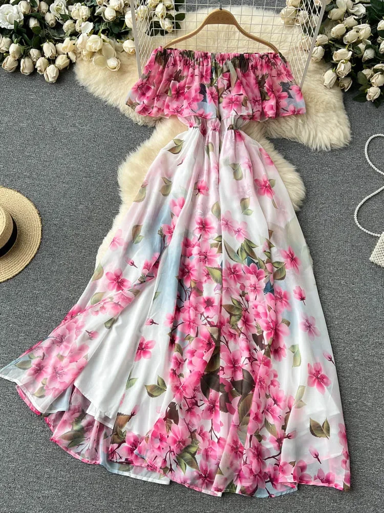 

Summer Ruffled Word-neck Printed Chiffon Dress Women's Vacation Waist Strapless Beach Skirt Slit Long Vestidos Women Y011