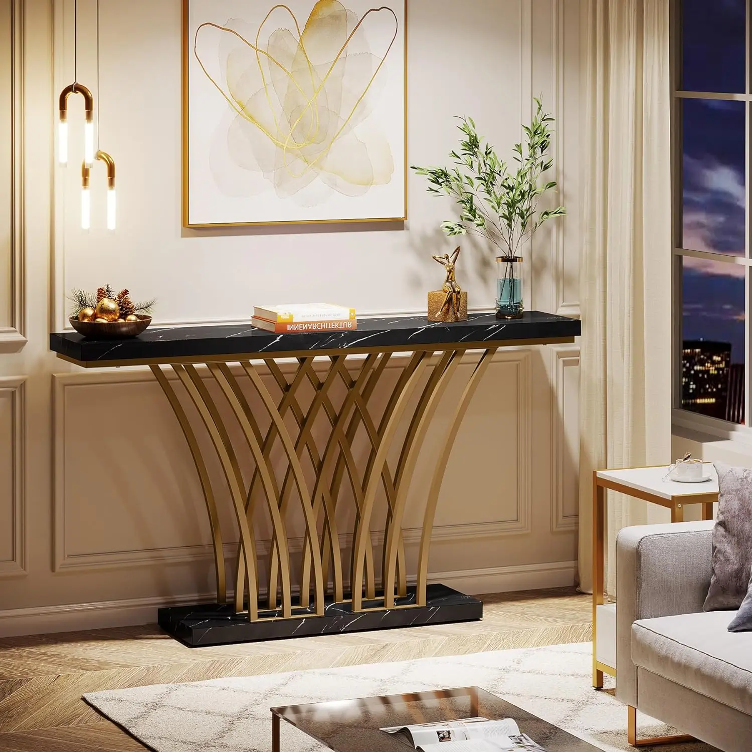 59 inch Console Table with Grid-Shaped Metal Base for Entrance Hallway Living Room
