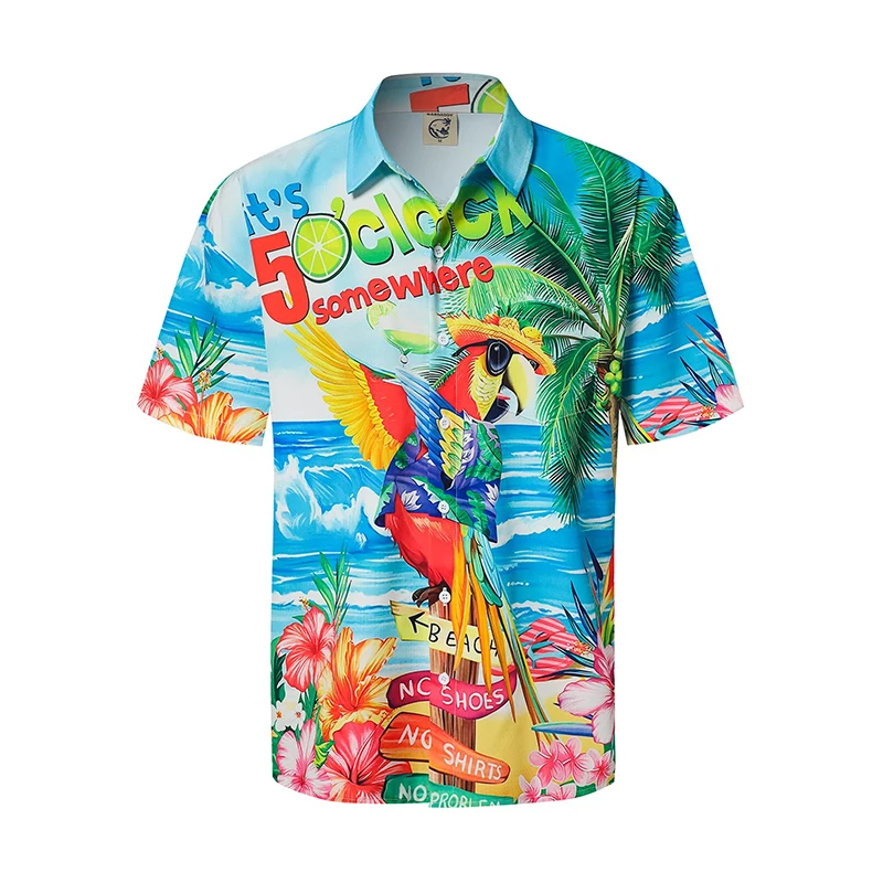 thumbnail image 1 of Camisas hawaianas de verano para hombre, divertidas, con estampado de pájaros, informal, con botones, para playa, manga corta, 1 of 5
