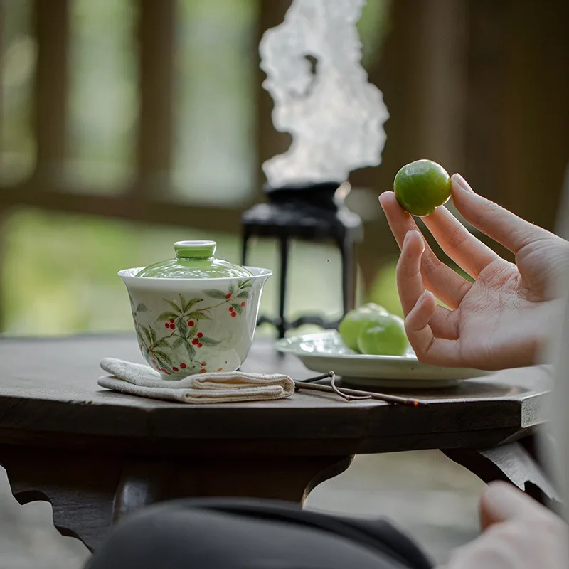 Cuipiao Cherry Hua Chu Gaiwan Hand Painted Home Ceramic Brewing Bowl Kung Fu Tea Set with Lid Heat Resistant Chinese Style Cup