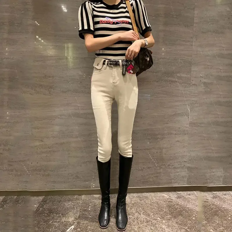 

Woman Jeans Pants White Pants Autumn Winter Stretch Skinny Tappered Pants High Waist Pantalones Vaqueros Mujer