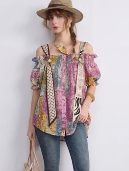 Women Boho Off Shoulder T Shirt Vintage Print Patchwork Top Loose Fit Puff Sleeve Casual Summer Blouse Tee Top 1