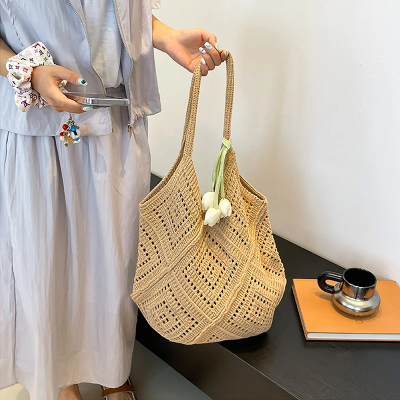 Fabric Hollow Out Large Capacity Shoulder Bags Contrast Color Women's Bags 2025 Hot Sale Commuting Versatile Crossbody Bags