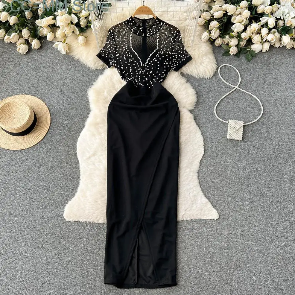 

Elegant Women's Short Sleeve O-neck Black Party Dress Spring Summer Fashion New Chic Split A-line Evening Dresses