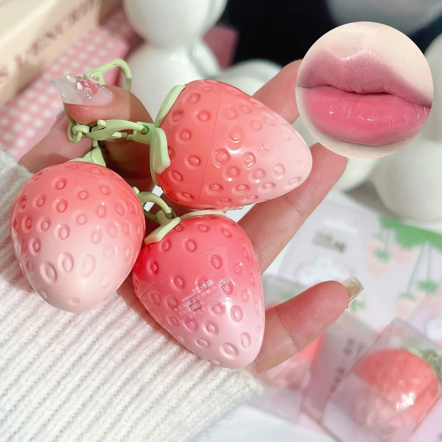 1pc Strawberry Keychain Warming Lip Balm Long Lasting Natural Pink