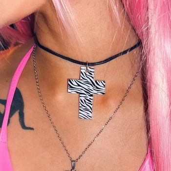 Y2K Jewelry Acrylic Leopard Print Zebra Print Cross for Women Cool Kawaii Cute Fashion Sexy Necklace Punk Accessories Goth 1