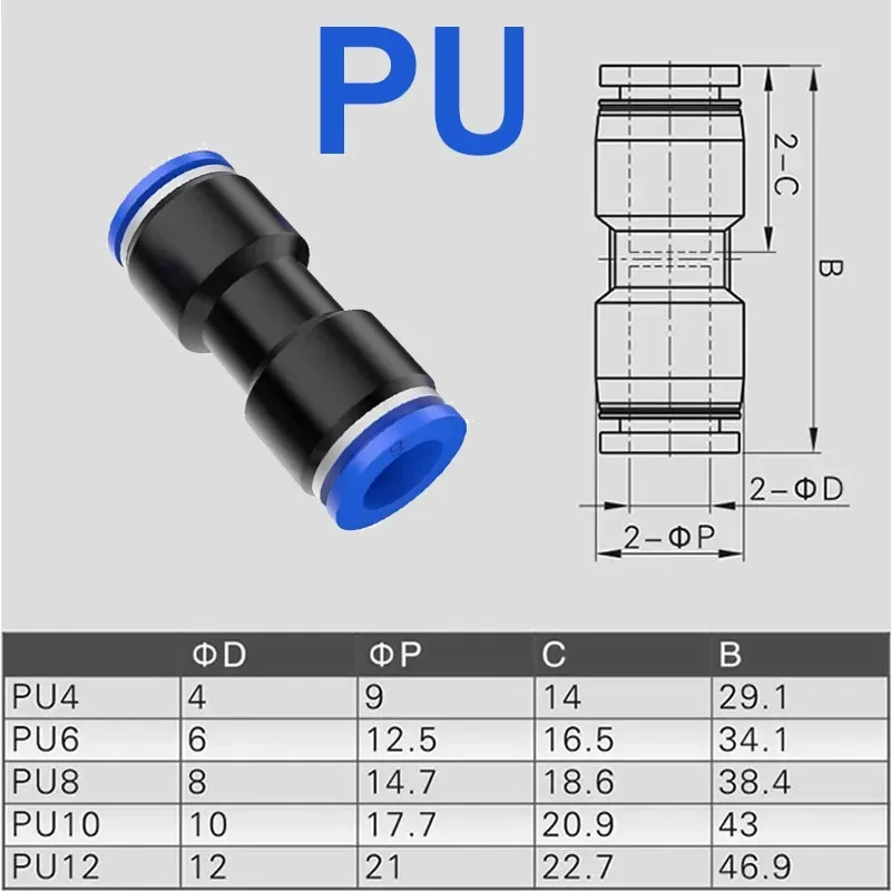 gás reto, conexão rápida, PU4 mm, 6mm,
