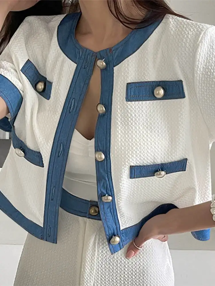 

VONDA Fashion Women Blazer 2023 Summer Outwears Female Casual Crew Neck Short Sleeve Coat Fashion Solid Color Blazer Coats Femme