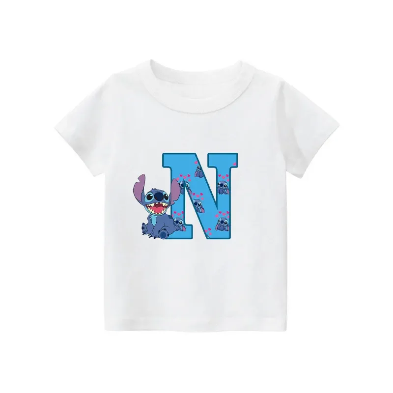 thumbnail image 1 of Nueva camiseta de algodón con letras ABCD de Stitch para niños, camisetas con combinación de nombres para niñas y niños, camisetas de dibujos animados Kawaii, ropa informal para niños, 1 of 5