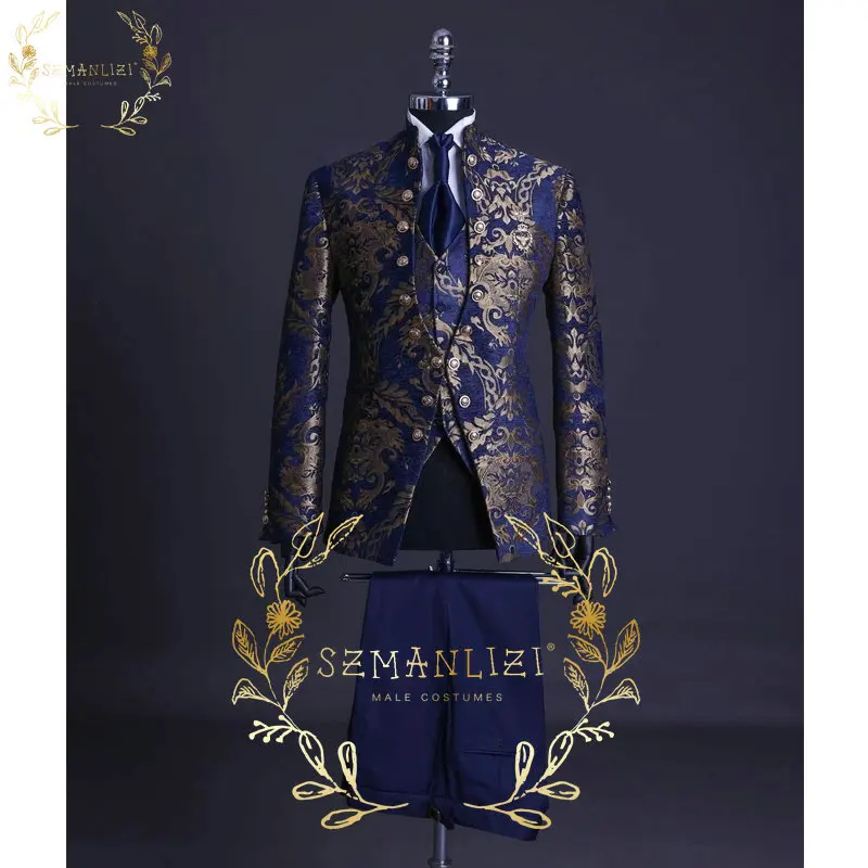 

Mens Wedding Suits Handsome Design Stand Collar Custom Blue Gold Floral Smoking Tuxedo Jacket 3 Piece Groom Terno Suits For Men