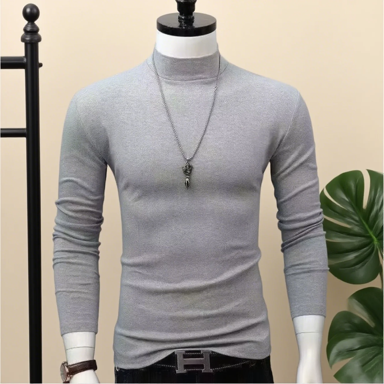 Camicie originali da uomo T-shirt autunno/inverno Abbigliamento interno alla moda per uomo Camicia dolcevita slim fit Camicia a maniche lunghe nera tinta unita 3