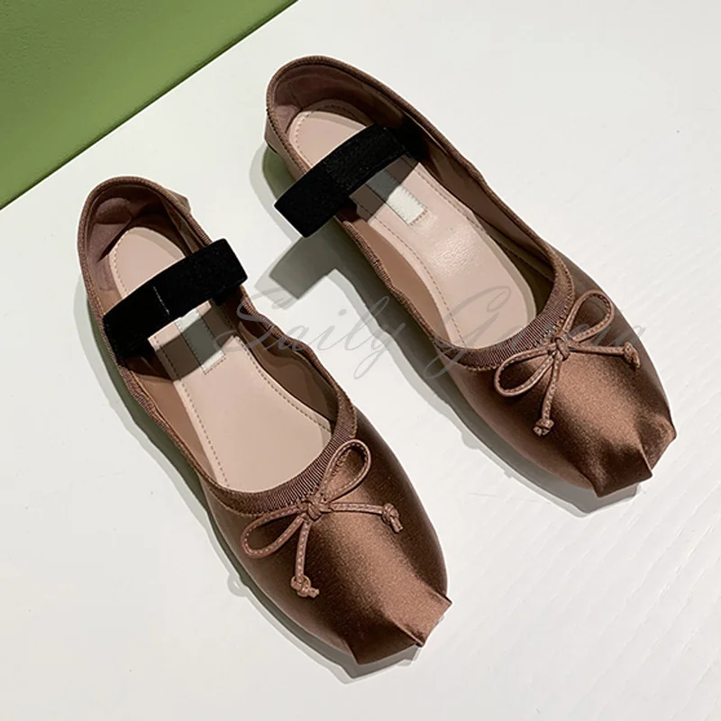 Bow Tie Flat Bottom Ballet Single Shoes Women's Pink Silk Round Toe Shallow Slip On Comfortable Solid Color Female Dress Shoes