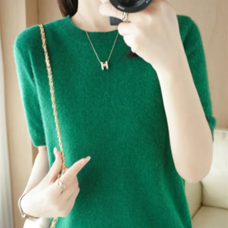 ตัวเลือกสินค้า ฤดูใบไม้ผลิและฤดูร้อนใหม่แขนสั้นผู้หญิง O-คอ Slim Wool Cotton Blend เสื้อกั๊กเสื้อยืดถักเสื้อกันหนาว