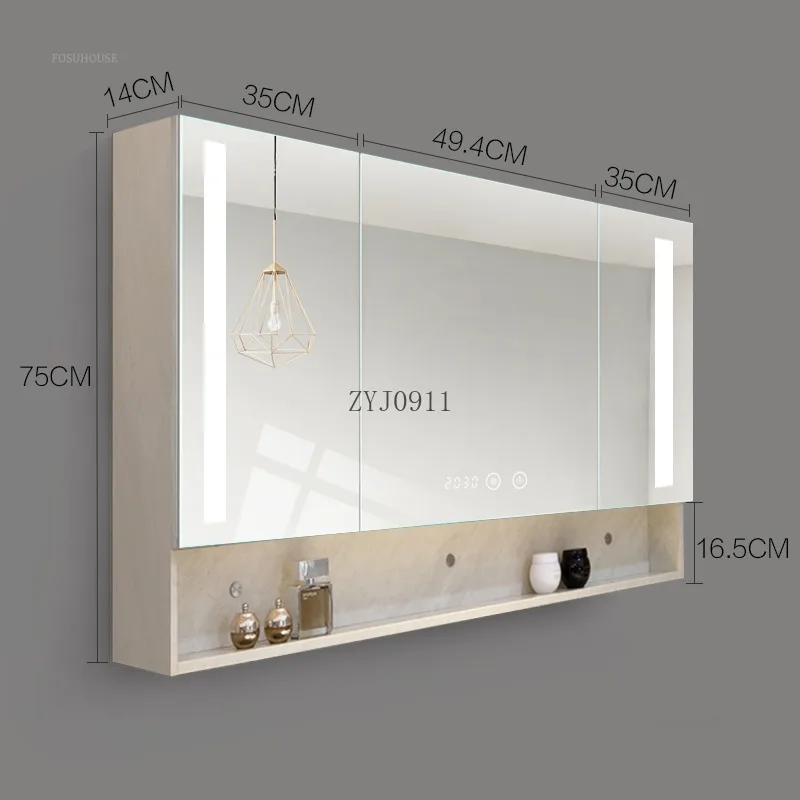Simple Solid Wood Smart Bathroom Cabinet with Mirror Modern Wall-mounted Bathroom Mirror Storage Cabinet Home Furniture