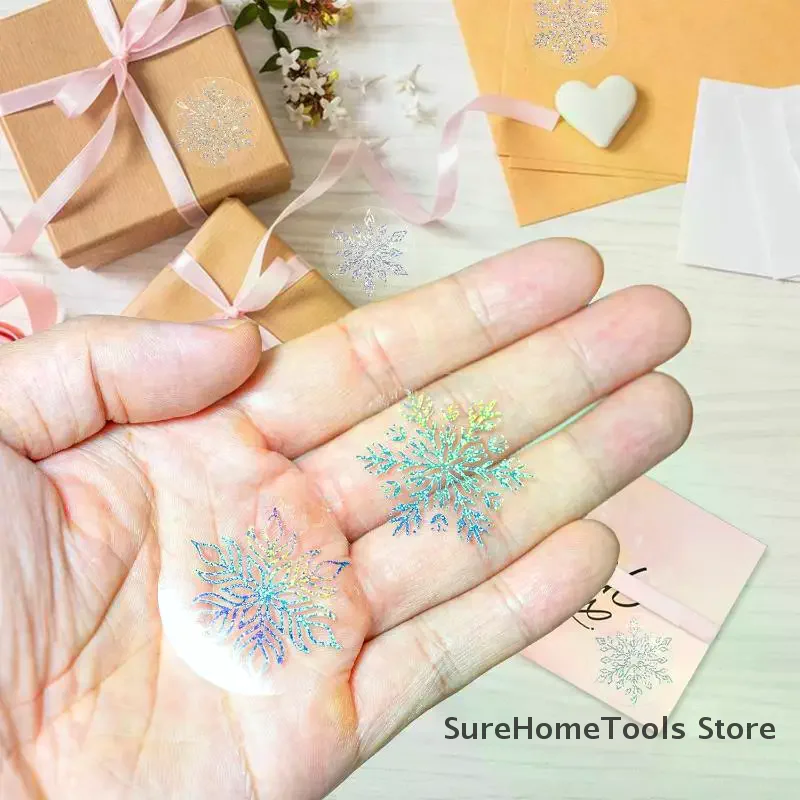 500 Sheets/Roll Transparent Snowflakes Stickers Christmas Gift Tags Kids Baking Package Envelope Xmas Holiday Stationery