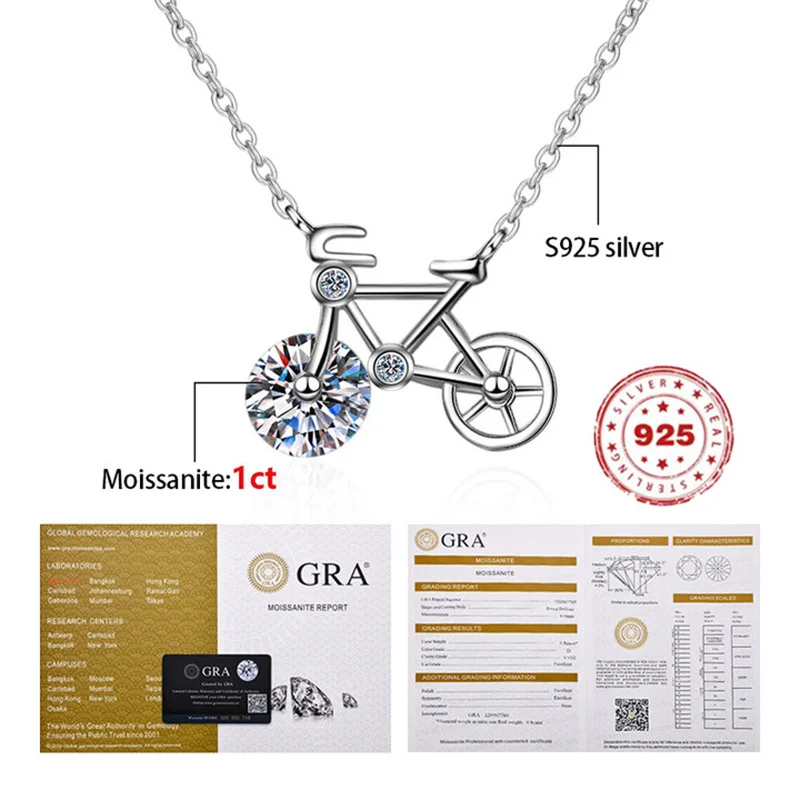 

1 Carat MoIssanite Necklaces Lovely Bicycle Shape S925 Sterling Silver for Women D Color VVS1 Clavicle Collares Jewelry Gifts