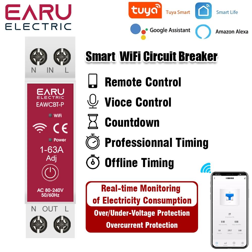 Tuya WiFi Smart Circuit Breaker smart switch circuit breaker EAWCBT-P MCB Timer 1P+N 63A Power Energy Voltage Current Protector Voice Remote Control