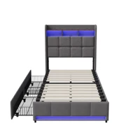Lit avec bande lumineuse LED 90x200cm, lit double en tissu lin avec tiroirs, 2 ports USB et port de charge Type-C, cadre rembourré (matelas non inclus), gris/beige 5