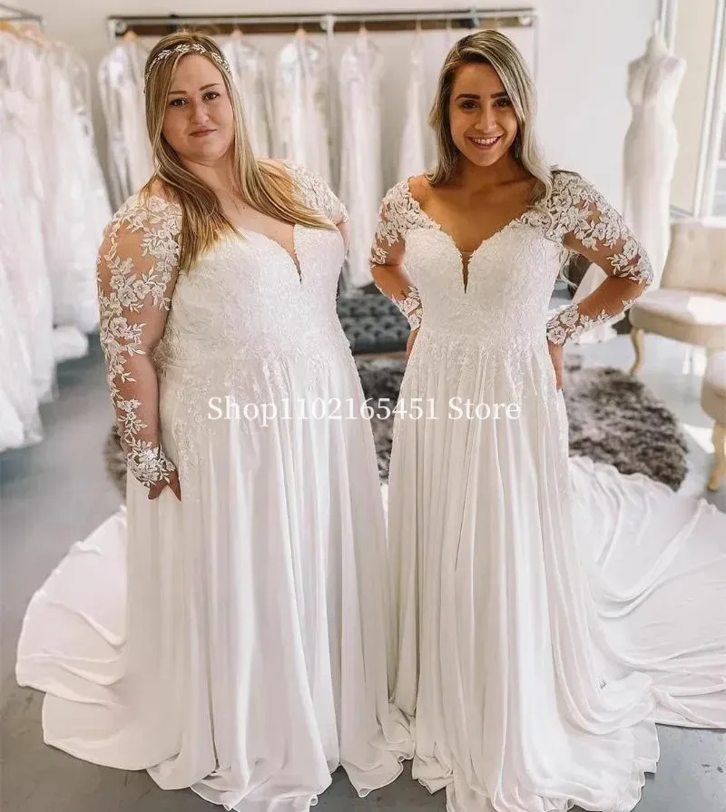 

Plus Size Wedding Dresses Lace Applique Long Sleeves A Line Deep V Neck Sweep Train Garden Bridal Gown Lace up Custom Made