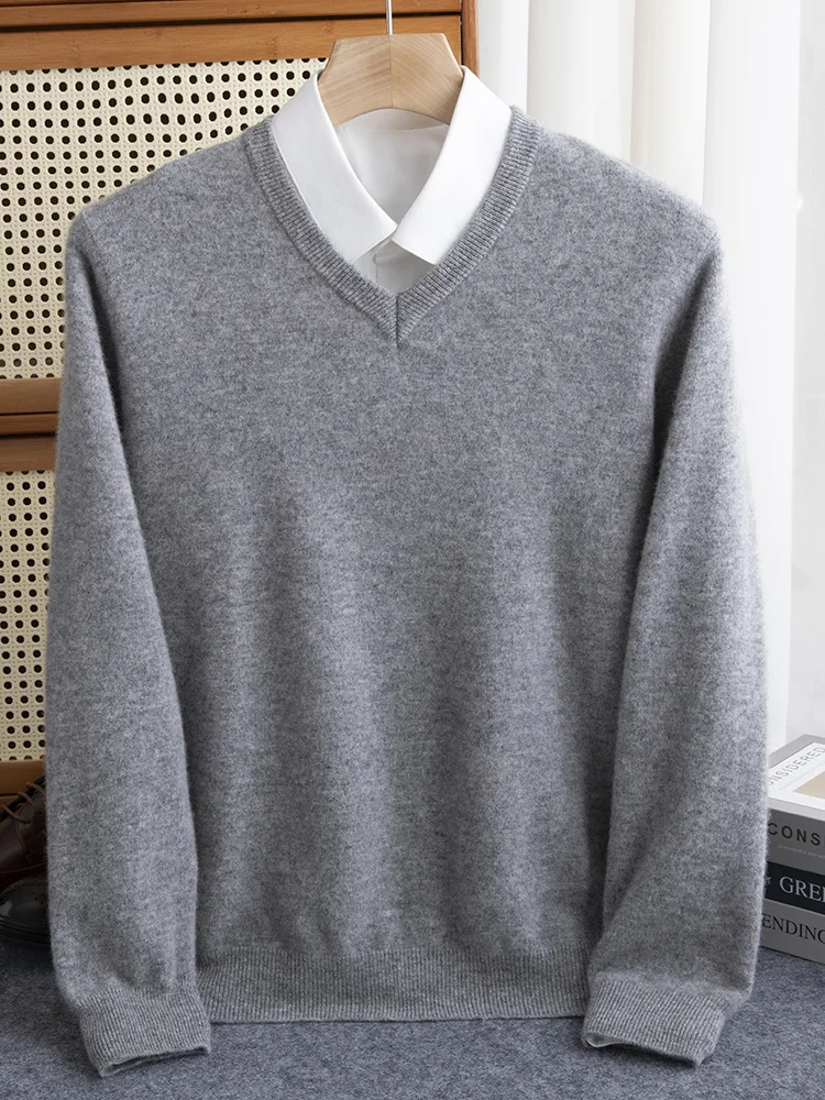 2024 Autumn Winter Men V-neck Wool Sweater Long Sleeve Pullover 100% Merino Wool Knitwear Smart Casual Basic Cashmere Clothing 3